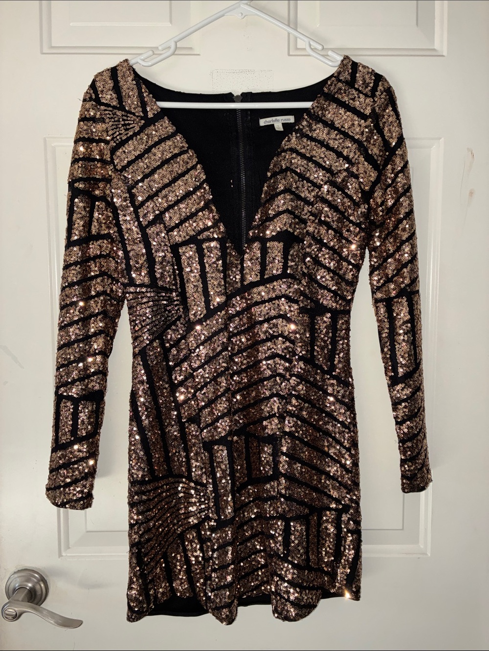 Charlotte Russe Black and Gold Sequin Long Sleeve Mini Dress